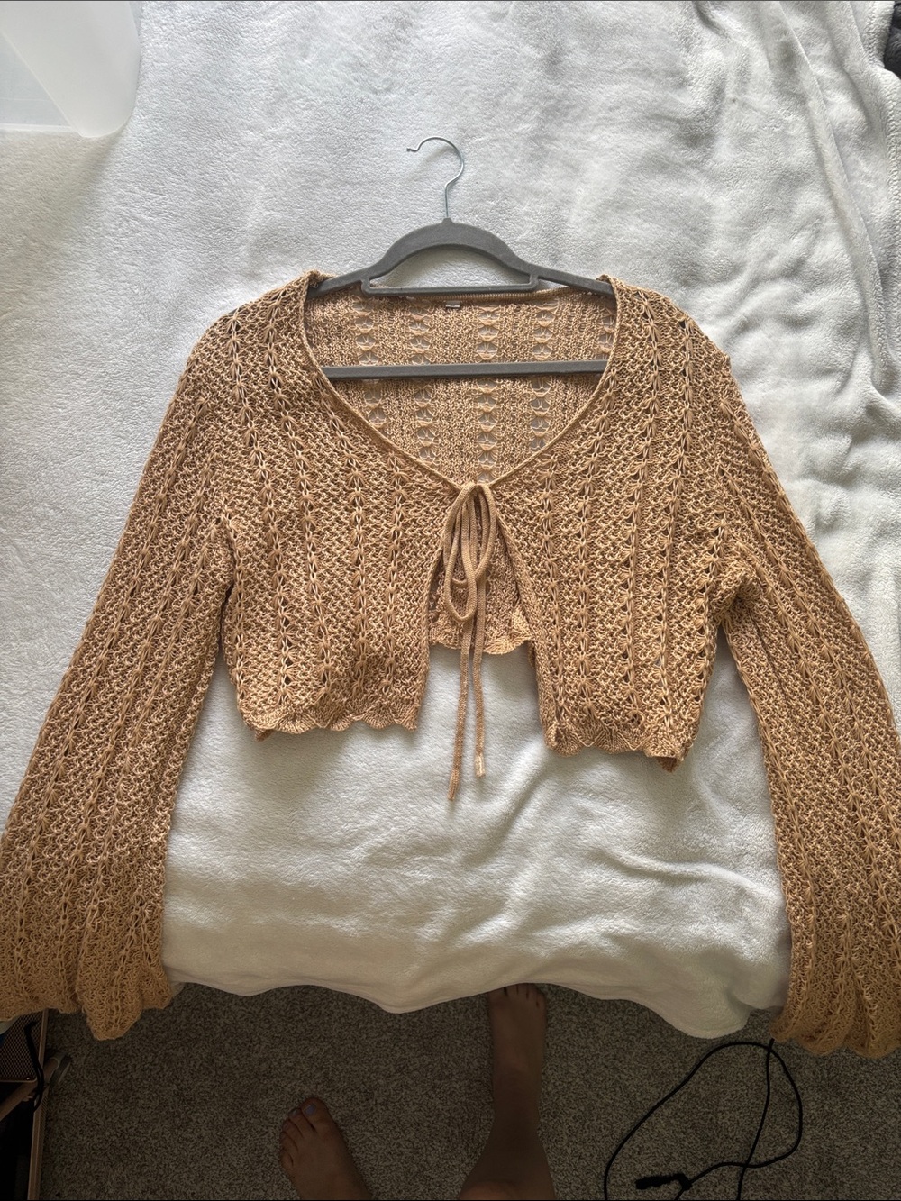 Amazon Open-Knit Tie-Front Cropped Cardigan in Camel
